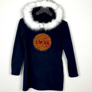 Girls Christmas Holiday Dress | Black & Sequin Long Sleeve Faux Fur Hood | Sz L